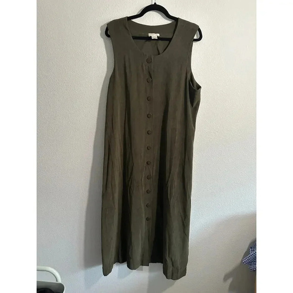 Christopher & Banks Maxi Dress Womens 16 Olive Green Round Neck Button Suede - Picture 4 of 10